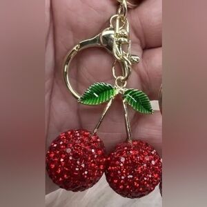 Gold Cherry Crystal Keychain Bag Charm - Red & Green